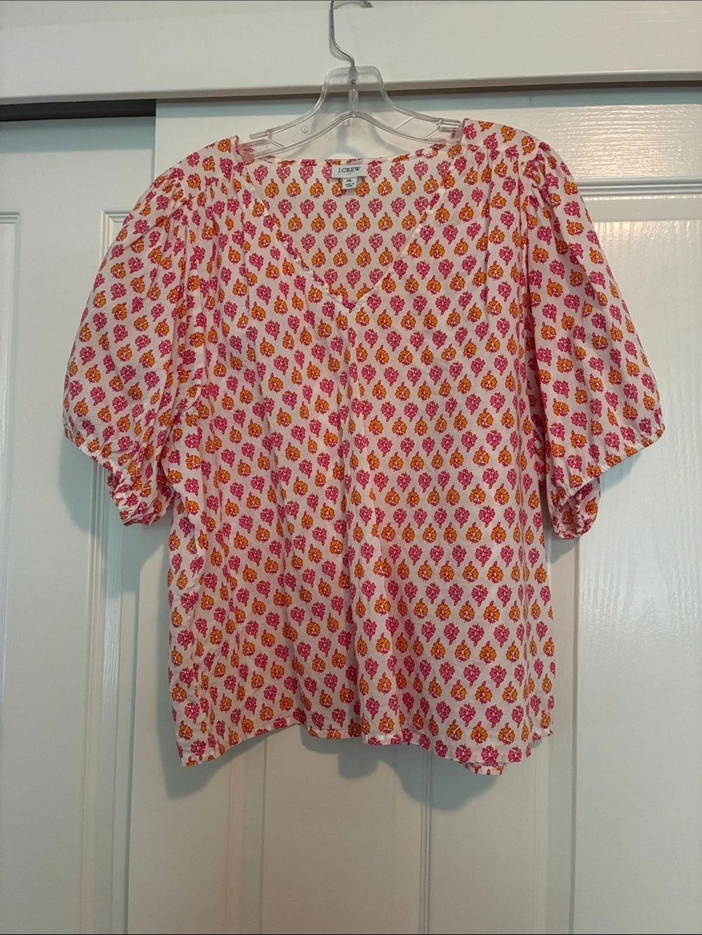 J. Crew Pink and Orange Floral Puff-Sleeve V-Neck Blouse
